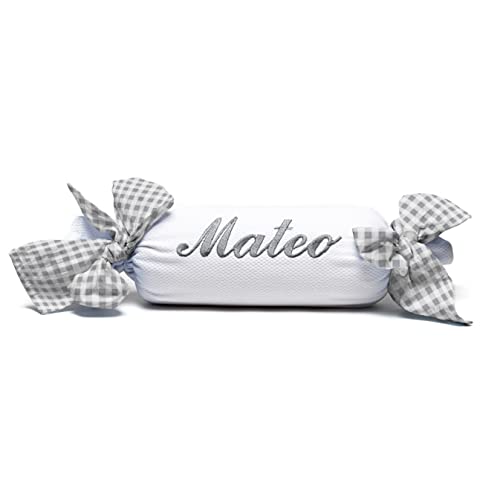 Nenel Cojín Decorativo para Cuna o Carrito Personalizado – Caramelo bebé con Nombre - Rulo recién Nacido Bordado - Vichy (Gris)