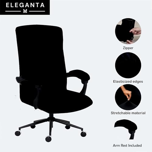 Image of Eleganta Stretch Solid Office Chair Covers with Armrest Cover | Pack of 2 | Universal Removable Polyester Spandex & Seat Case Protector | Washable Desk Rotating Chair Soft Seat Covers (Solid Black)