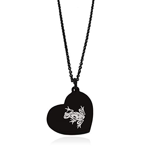 Tioneer Black Stainless Steel Tribal Frog Floating Heart Tag Charm Pendant Necklace