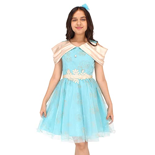 Image of Cutecumber Girls Satin,Organza & Net Fit & Flared Floral Printed Dress with Hairband.CC7175D-AQUA