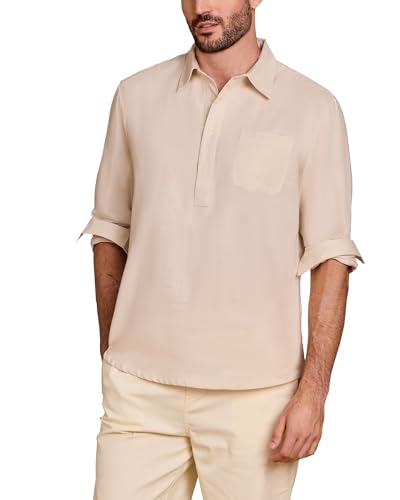 Kallspin Men's Linen Cotton Long Sleeve Shirt Breathable Summer Beach Button Down Shirts with Pocket