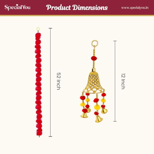 Image of SpecialYou Ganpati Decoration Setup for Home with Round Backdrop Stand, 4 Marigold Garlands & 3 Bell Latkans for Decor | Ganpati Decoration Stand for Home | Ganapati Decorations Item (Red, 8)