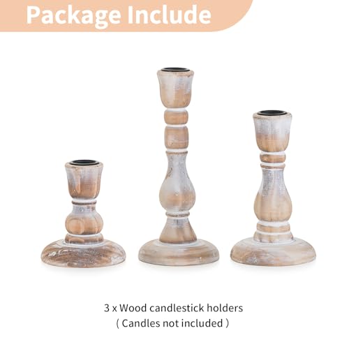 NUPTIO Wooden Candlestick Holder Rustic: Set of 3 Vintage Wood Candle Stick Holder White Taper for Wedding Birthday Party Holiday Christmas Home Dining Table Decor Candleholders