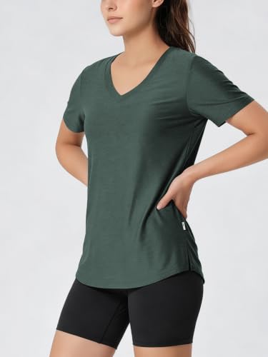 Image of ODODOS Women's Short Sleeve Performance V-Neck Tunic Tops, Ultra Soft odSTRATUM Tech Tee, Side Slit Relaxed T-Shirts