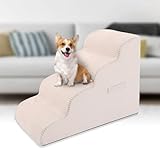 High Density Foam Dog Stairs Steps, 20.8’’ Non-Slip Extra Wide Deep Pet Steps for Beds Or Couches, for Injured or Older Pets Dogs and Cats with Joint Pain, 4-Tiers (Beige)