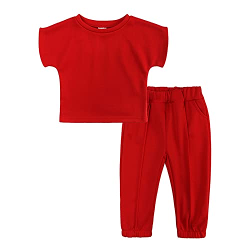 Toddler Kids Baby Girls 2 Pieces Tracksuit Summer Outfits Solid Short Sleeve T Shirt Teens Clothing (Red, 2-3 Years) #TOP1