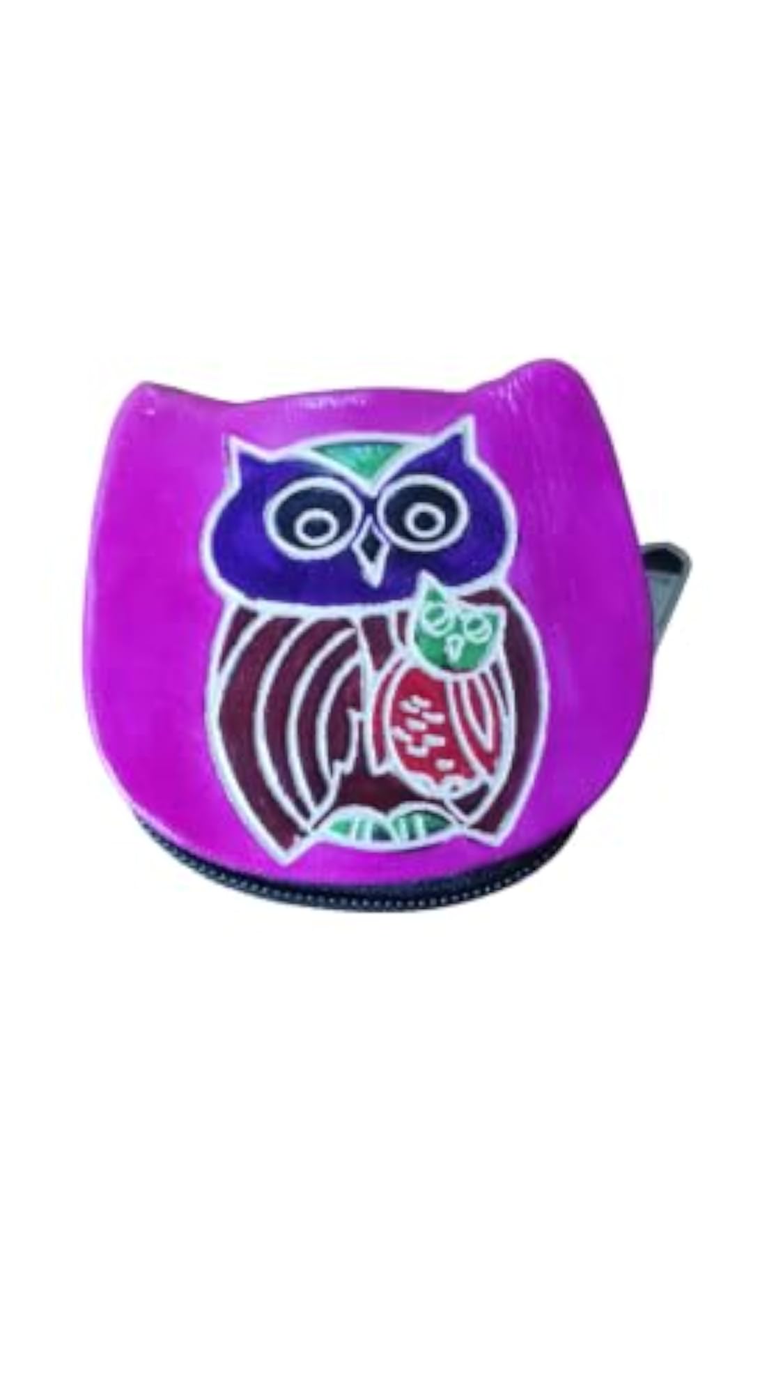 Owl Shaped Leather Coin Purse, Purple with Hand-Painted Design