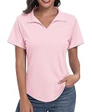 JoyGirl Damen Poloshirt Kurzarm Polohemd UPF 50+ V-Ausschnitt Sport T-Shirt Leicht Atmungsaktiv Sommer Shirt für Golf Tennis (Rosa,XL)
