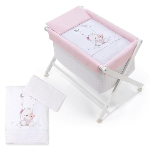 Interbaby - Minicuna Plegable Tijera Modelo Oso Columpio - Estructura De Madera Con Vestidura Colcha Y Almohada Desenfundable Con Colchón.