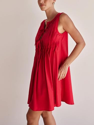 Image of Womens Tie Front Mini Dress Summer Vacation Bow Sleeveless Pleated Casual Loose Babydoll Cover Ups Dresses