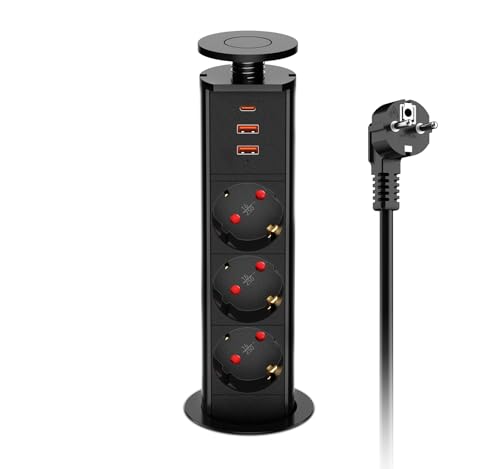 Versenkbare Steckdose 3 Fach mit USB C, Ohuo Schreibtisch Versteckte Steckdosenleiste mit 3 USB und Berührungsschutz für Kücheninsel, 1.8 Kabel