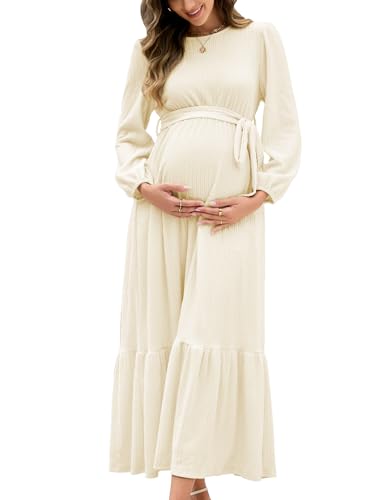 AISWI Women's Maternity Maxi Dress with Belt Long Sleeve Crew Neck Pregnancy Dresses with Pockets Baby Shower Photoshoot, Champagne, Large