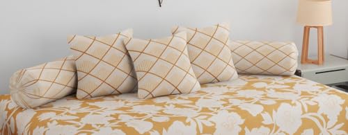 Image of Pure Soft Cotton Floral Diwan Set Covers 6 Pieces - 1 Single Bed Sheet (60 X 90) with 3 Cushion (16 X 16), 2 Bolster Covers (16 X 32) -Yellow White