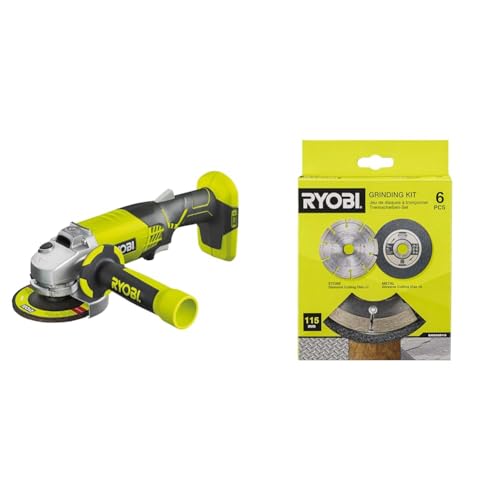 RYOBI - Meuleuse d'angle Ø 115 mm 18 Volts ONE+™ (sans batterie) - R18AG-0 & Kit 6 disques meuleuse diam. 115 mm - 1 disque diamant et 5 disques à...