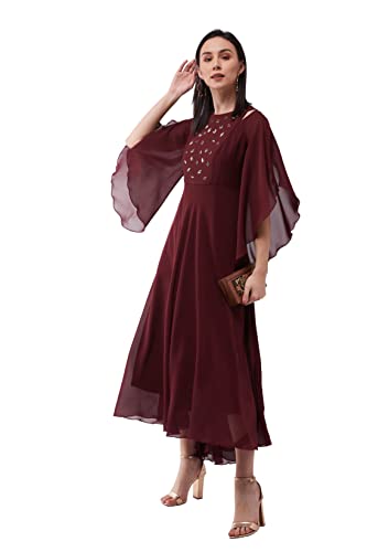 Image of Miss Chase Women's Wine Solid Relaxed Fit Round Neck Flared Sleeve Maxi Dress