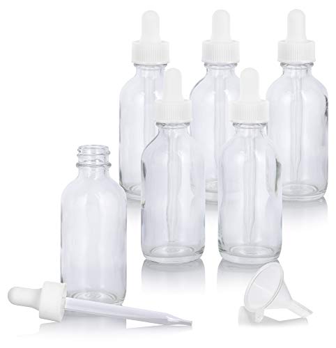 JUVITUS 2 oz Clear Glass Boston Round White Dropper Bottle (6 pack) + Funnel