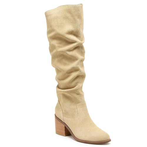 Suede Knee High Boots for Women Chunky Block Heel Pointed Toe Pull on Comfortable Cowboy Slouch Tall Boots