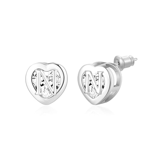 Heart Initial Stud Earrings 14K Sliver Plated CZ Hypoallergenic Alphabet Letter Initial Earrings Birthday Gifts for Women(Sliver N), Cubic Zirconia