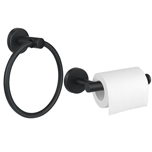 Image of Black Toilet Roll Holder Towel Ring, Stainless Steel Toilet Roll Holder Wall Mounted, Anti-Drop Design Towel Holder, 2 Pieces Black Bathroom Accessories Set, Premium Bathroom Towel Holder