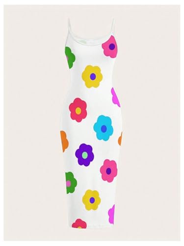 Image of Floerns Women's Flower Print Spaghetti Strap Cami Midi Dress Boho Pencil Dress White X-Small