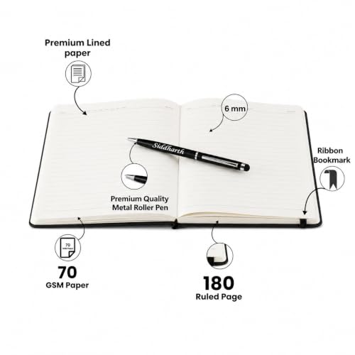 Image of AICA Personalized Name & Charm Magnetic Stick Leather (Black) Diary & Roller Pen |Customized Corporate Gift for Staff Employees |Diwali Gifts for Family and Friends|Diary for Men, Boys| Gifts For Mens