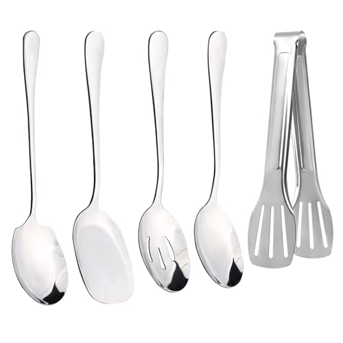 TPTGIAR 4 PCS Serving Spoon Set Stainless Steel Serving Spoons Large Serving Spoons Set with a 3-Wire Clip Long Handle Table Spoons for Serving Kitchen Cooking Restaurant Banquet