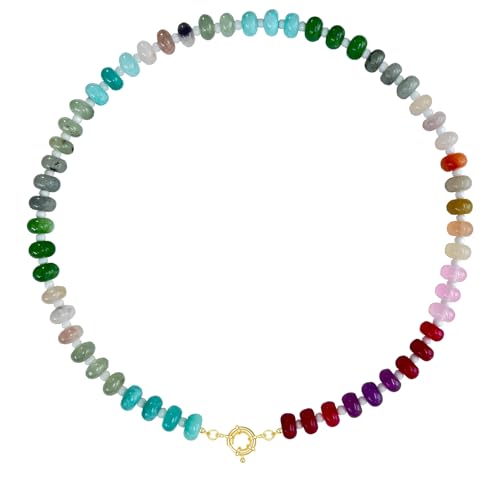 OOYAYA Beaded Necklace for Women, 17 Inch Colorful Rainbow Necklace Boho Bead Choker Necklace - Beaded Gemstone Necklace, Natural Stone Necklace Handmade Necklace Gift for Women Mom Grandma