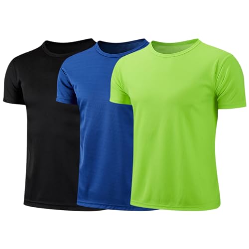 RUNQHUI - RUNQHUI Lot de 3 T-Shirt Enfant Garçon Fille Tee Shirt Séchage Rapide Haut Top Manches Courtes Col Rond Sport Casual 3-16 Ans Noir&Bleu Royal&Vert Fluorescent 14-16 Ans