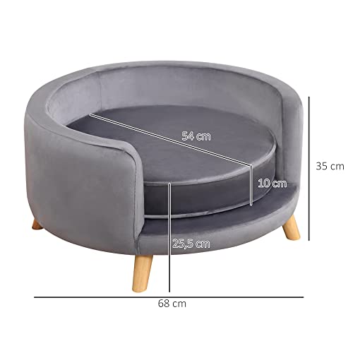 PawHut Hundesofa, Haustiersofa mit Samtoptik, Katzensofa mit Kissen, Hundebett, Hundecouch mit Erhöhtem Design, Hundesessel mit Holzbeine, Grau, 68 x 68 x 35 cm