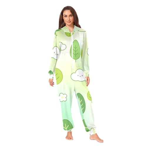 Yuiboo Fresh Green CloveAdults Unisex One Piecing Pajamas for Man Women Couples Costumes Hooded