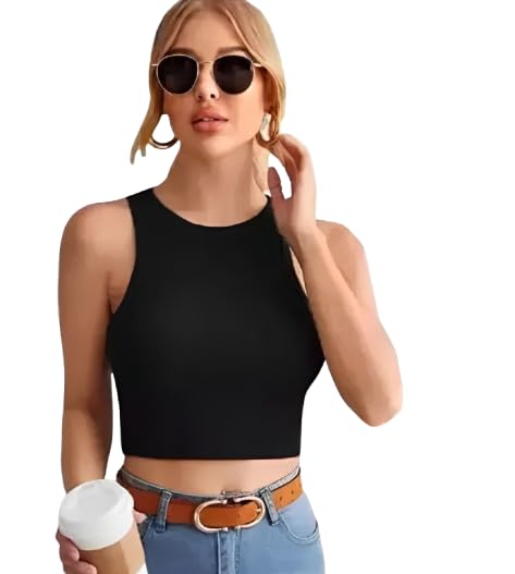 draxstar Women's & Girls Solid Ribbed Slim Fit Crop Tank Top | Sleeveless Cotton Racer Back Tank Tops Halter Neck Crop Tops | Round Neck Casual Ribbed Crop Tank Top for Women-picture-40
