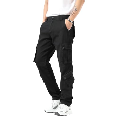 Plaid&Plain Cargo Pants for Men - Straight Fit with Extra Storage and Drawstring Tie
