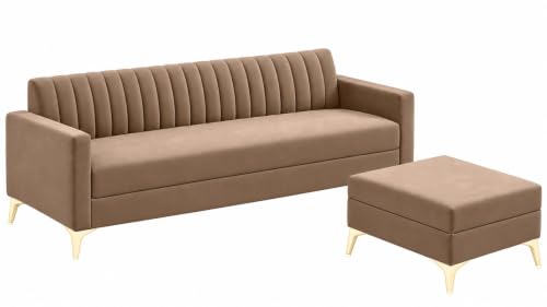 Image of AMATA Falcon ele 4 Seater Fabric Suede Velvet Camel Colour Sofa Set with Four Cushions Perfect for Home Office Guests Living Room (Falcon Camel 01, Falcon 4 Seater l Shape)(3 Year Warranty)
