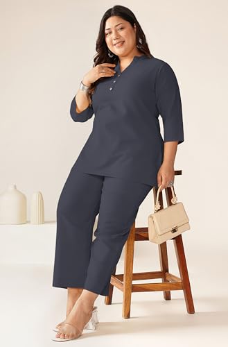 Image of Janasya Women's Light Blue Linen Cotton Solid A-line Top