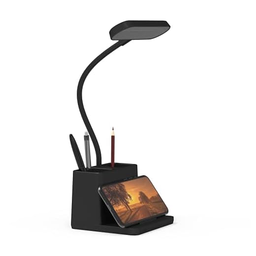 AXX Black LED Desk Lamp for Home Office Bedroom, Battery Operated Table Light for Computer Desktop, Small, Cute, Dimmable, Rechargeable, Flexible Gooseneck, Pen Holder, Phone Mount, Touch Control