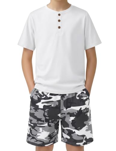 Image of Arshiner Boy's Textured Button Up Shirt and Shorts Set 2 Piece Summer Beach Outfit for 5~12 Years Kids