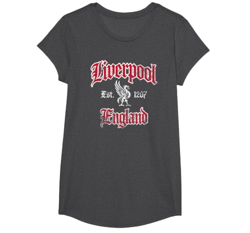 Liverpool England Est. 1207 Red and White Distressed Print T-Shirt, Girls, Dark Heather Grey, X-Small