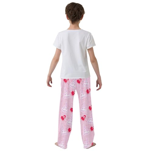 Eiffel Tower and Love Heart Boys Long Pants Soft Trousers Elastic Waist Kids Lounge Bottoms with Pockets S-XL3
