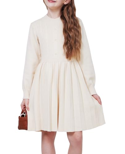 WULFUL Girl's Sweater Dress Long Sleeve Button Pleated Casual Fall Winter Knit Dresses 5-12Y