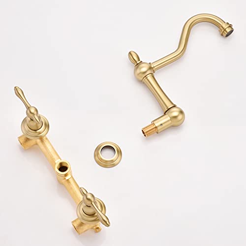 Sumerain Vintage Wall Mount Tub Faucet, 8 Inches Center 3 Hole Bathtub Filler Brushed Gold #TOP6
