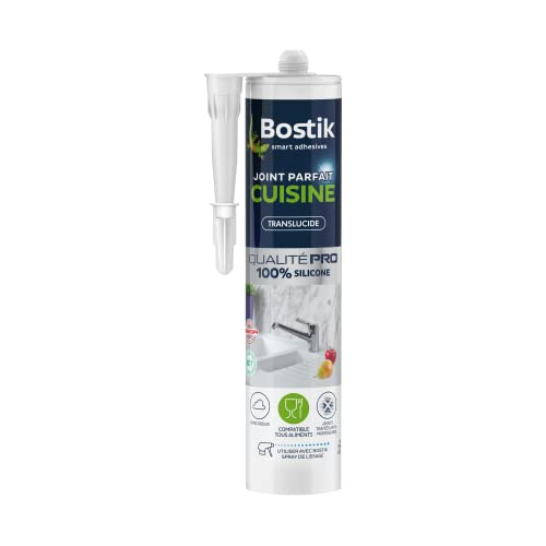 Bostik Mastic d’Étanchéité Joint Parfait Cuisine – Jointe Tous Matériaux – Sans Odeur – Traité Anti-Moisissures – Certifié Contact Alimentaire - Formule 100% Silicone – Couleur : Transparent – 280 ml