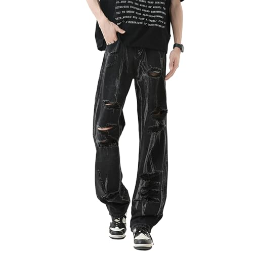 Men’s Ripped Black Jeans Baggy Straight Leg Denim Pants with Washed Streak Detail and Distressed Grunge Look