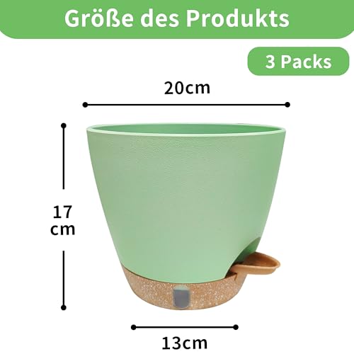 TIKTALK 20cm Selbstbewässerungstopf 3er Set - Hochwertiger Blumentopf mit Bewässerungssystem & Wasserstandsanzeige. Ideal für Urlaub, Büro & Anfänger. Schützt Pflanzen 10+ Tage vor Austrocknen (Grün)