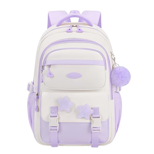 Mochila infantil para meninas, adolescentes para crianças do ensino fundamental, com pinos de estrela e pingente peludo, A08-roxo