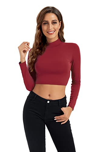 Image of Womens Long Sleeve Crop Tops Lightweight Mock Neck Base Layer Shirts