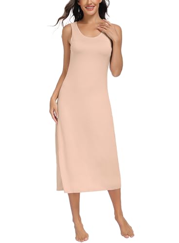 Lovasy Unterkleid Damen Sommer Extrem Lang Breite Schultergurte Modal Unterkleider für Damen Sexy Nachthemd Full Slip,Hautfarbe,S
