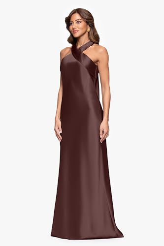 Image of Xscape Women's Satin Halter Tie Neck Floor Length Dress, Chocolate, 4
