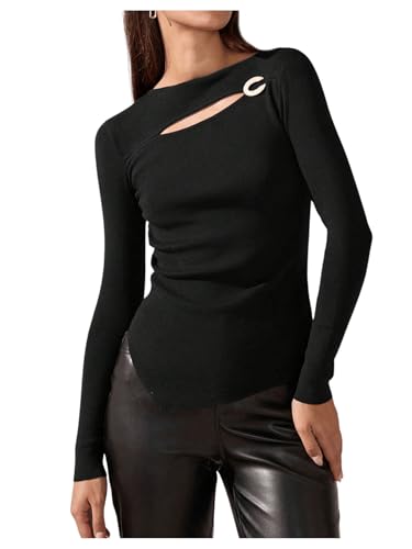 Verdusa Women's Cut Out Slit Ruched Pullover Sweater Boat Neck Long Sleeve Fitted Knit Tops