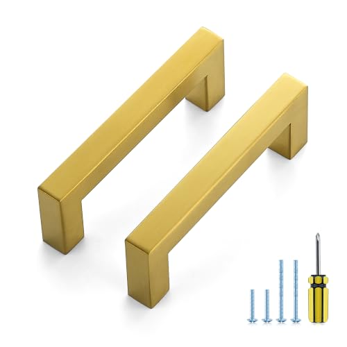 Image of Ravinte 30 Pack Kitchen Gold Cabinet Handles 3-1 /2 Inch Hole Center Stainless Steel Square Cabinet Pulls for Dresser Drawer Cupboard Handles with Screwdriver