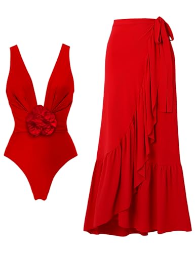 FLAXMAKER Detachable 3D Flower Red Swimsuit Cover up Set One Piece Swimsuit and Skirt